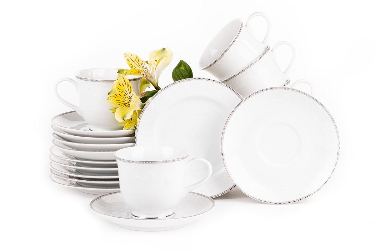 Čajová súprava poľský porcelán 6 osôb Biely / platinový vzor