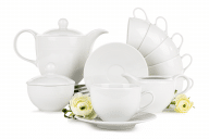 Kávová porcelánová súprava pre 6 osôb, 9 dielov biela / čipkový vzor