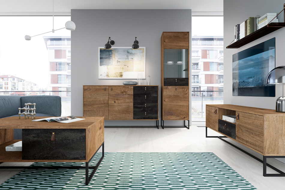 RUGO Vysoká komoda s policami loft tmavý dub/černá - obrázok 3