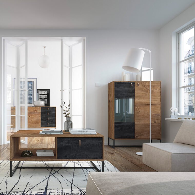 RUGO Vysoká komoda s policami loft tmavý dub/černá - obrázok 2