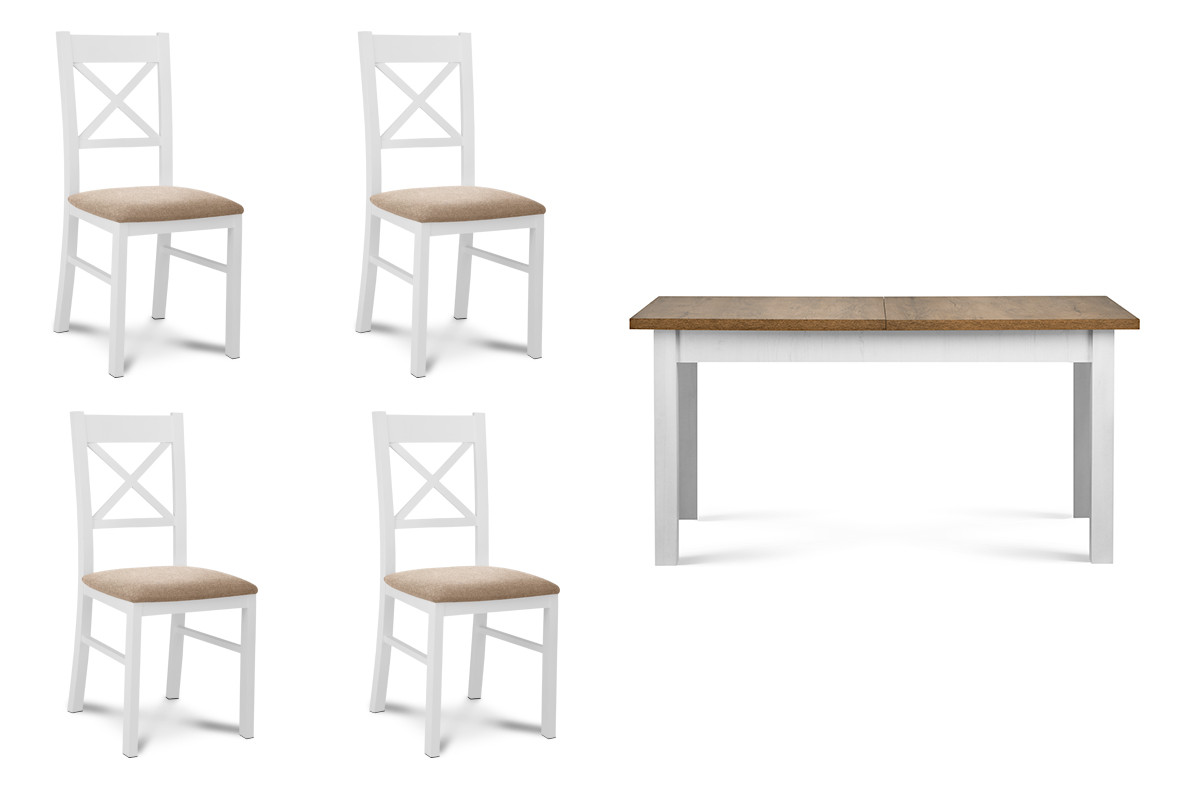 Veľký rozkladací stôl so 4 stoličkami biela/dub