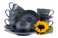 Súprava veľkých šálok a tanierikov z poľského porcelánu pre 6 osôb Cottage Graphit