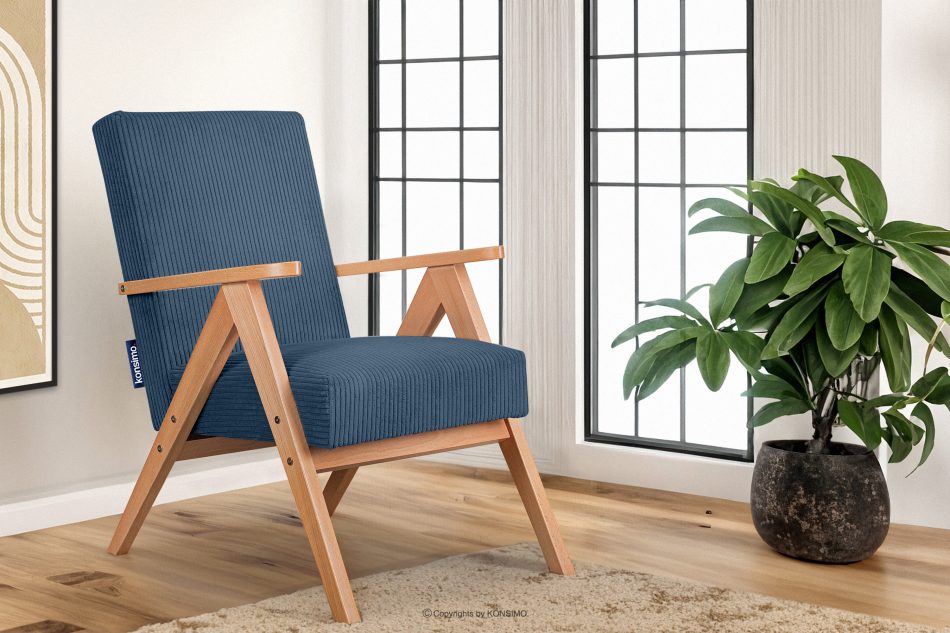 NASET Vintage kreslo z manšestrovej látky tmavomodrá/svetlý dub tmavomodrá/svetlý dub - obrázok 1