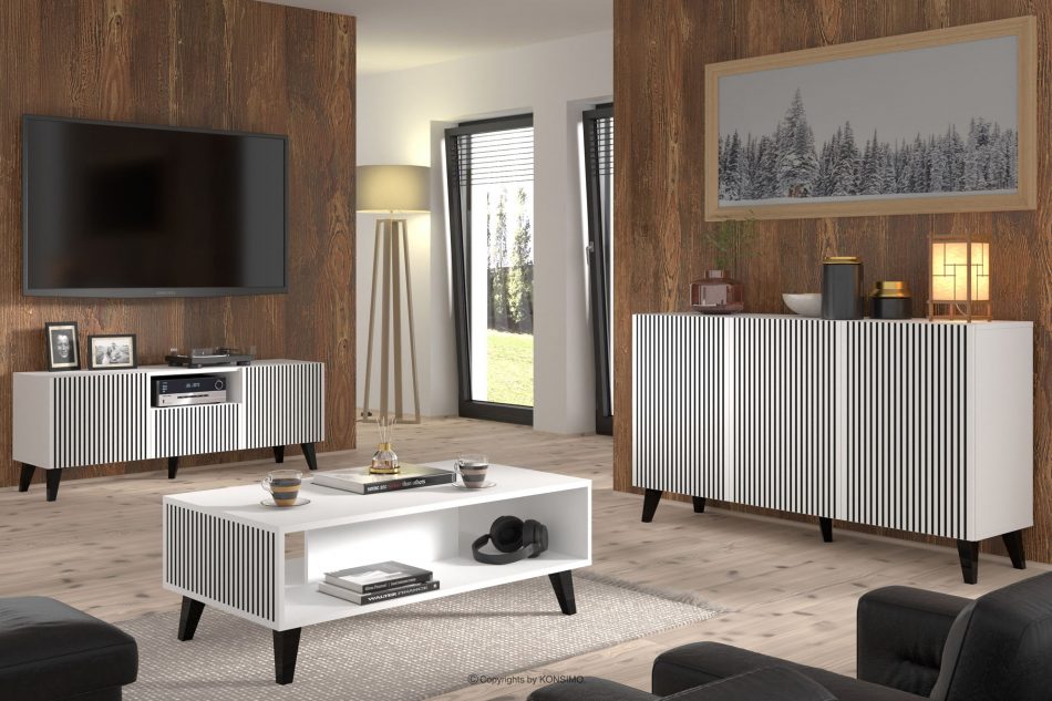 REMO Biela/chrómová moderná komoda s lištami biela/čierna - obrázok 1