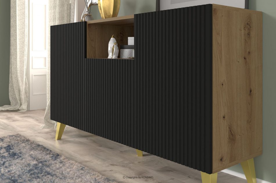 REMO Moderná komoda s lamelovými nohami dub artisan/cierne dub artisan/čierna - obrázok 1