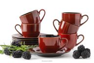 Kávová souprava espresso keramická / reaktívna glazúra červený/čierny lesk 6 osob (12 ks.)