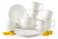 Čajová súprava z tvrdého porcelánu ecru/zlatá 6 osôb (14 ks)