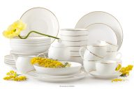 Súprava na večeru a kávu z tvrdého porcelánu ecru/zlatá 6 osôb (38 ks)