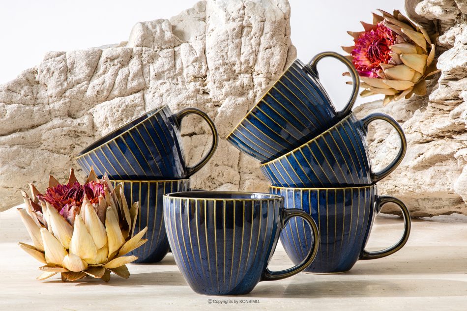 AD STRIPES Veľká šálka 6 ks porcelánová reaktívna tmavomodrá námornícka modrá - obrázok 1