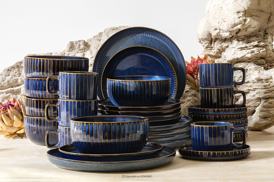 AD STRIPES Súprava na večeru a kávu 6 osôb (30 ks) z reaktívneho porcelánu tmavomodrá námornícka modrá - obrázok 1