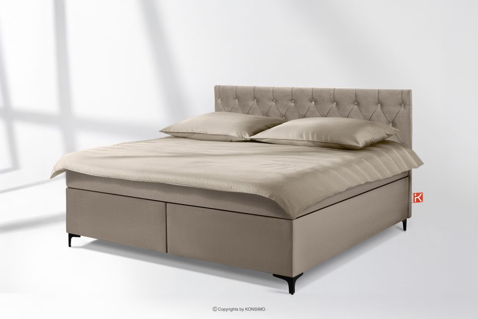 ARDEA Kontinentální postel s topperem z velurové tkaniny 180 cm béžová béžová - obrázok 1