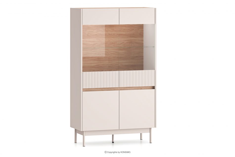 NALIA Elegantná veľká drážkovaná vitrína krémová/dub krémová/dubová - obrázok 2