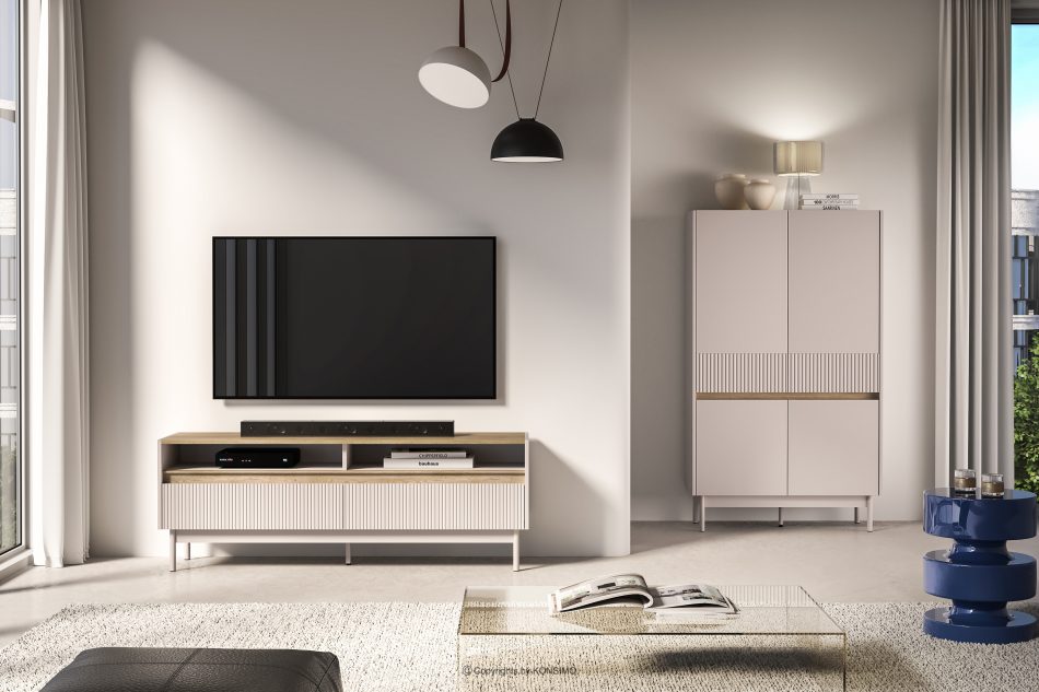 NALIA Elegantná drážkovaná RTV skrinka krémová/dub krémová/dubová - obrázok 7