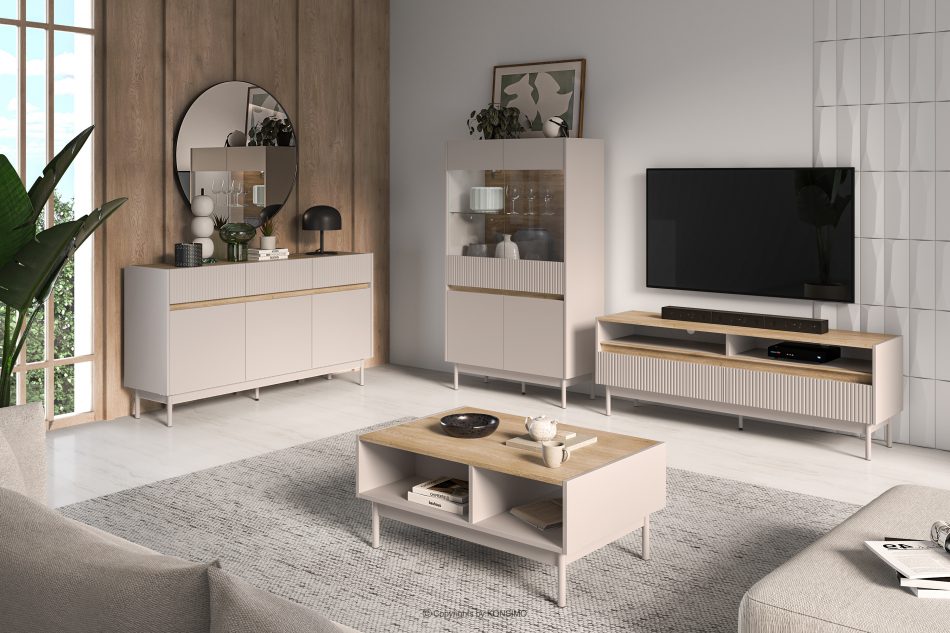 NALIA Elegantná drážkovaná RTV skrinka krémová/dub krémová/dubová - obrázok 8