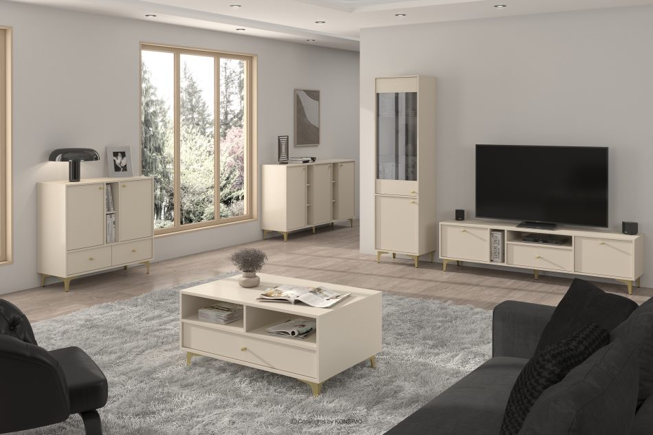 FLOREN Krémová skrinka pod televízor na zlatých nožičkách krémová/zlatá - obrázok 1