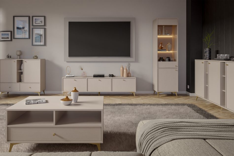 FLOREN Krémová skrinka pod televízor na zlatých nožičkách krémová/zlatá - obrázok 4