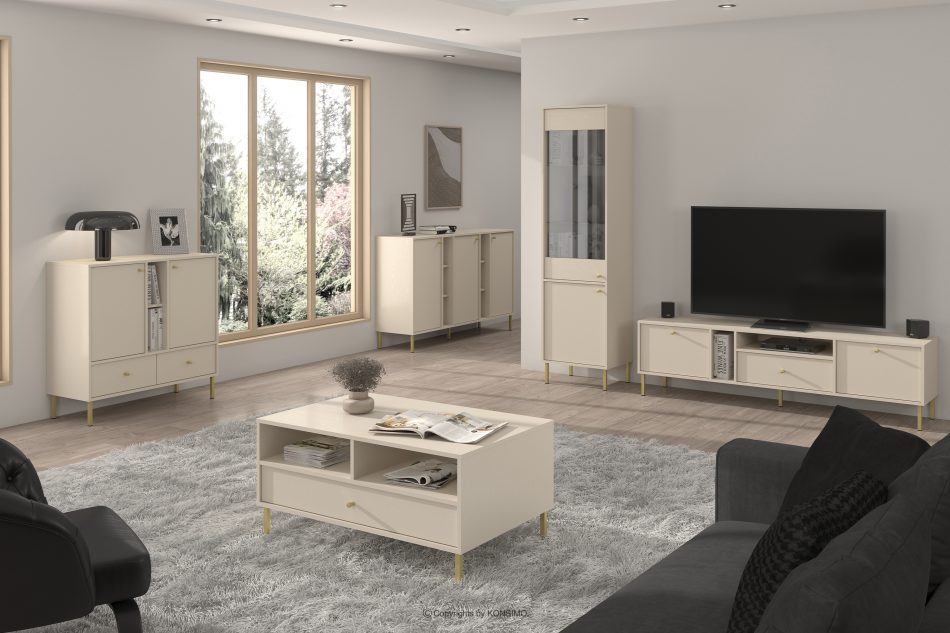 FLOREN Skrinka pod televízor na zlatých nožičkách krémová krémová/zlatá - obrázok 1