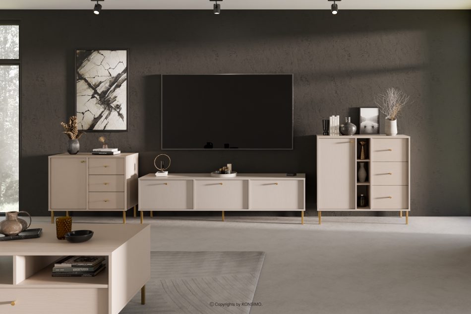 FLOREN Skrinka pod televízor na zlatých nožičkách krémová krémová/zlatá - obrázok 4