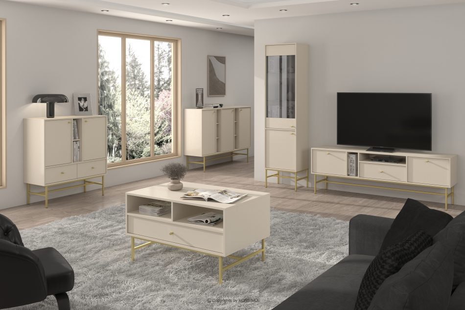 FLOREN Moderná skrinka pod televízor na vysokých nožičkách krémová/zlatá krémová/zlatá - obrázok 1