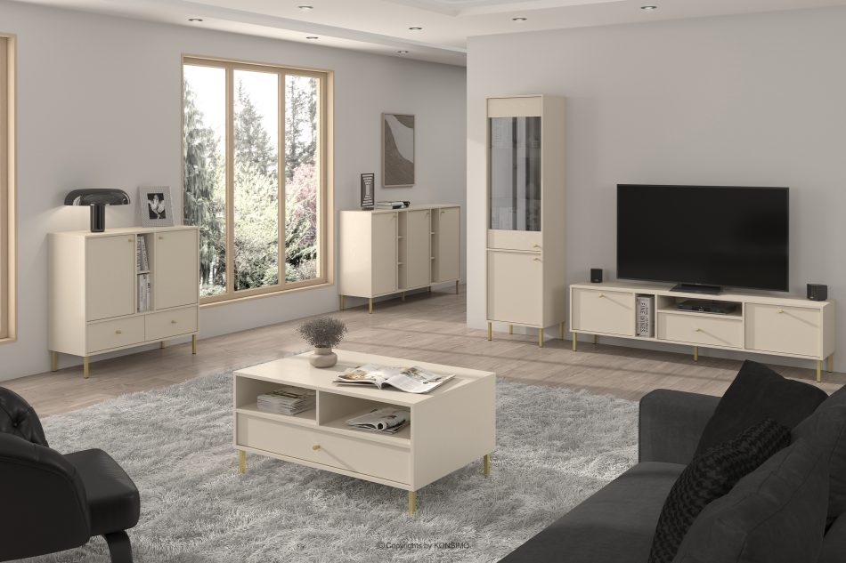 FLOREN Skrinka pod televízor na zlatých nožičkách krémová krémová/zlatá - obrázok 1