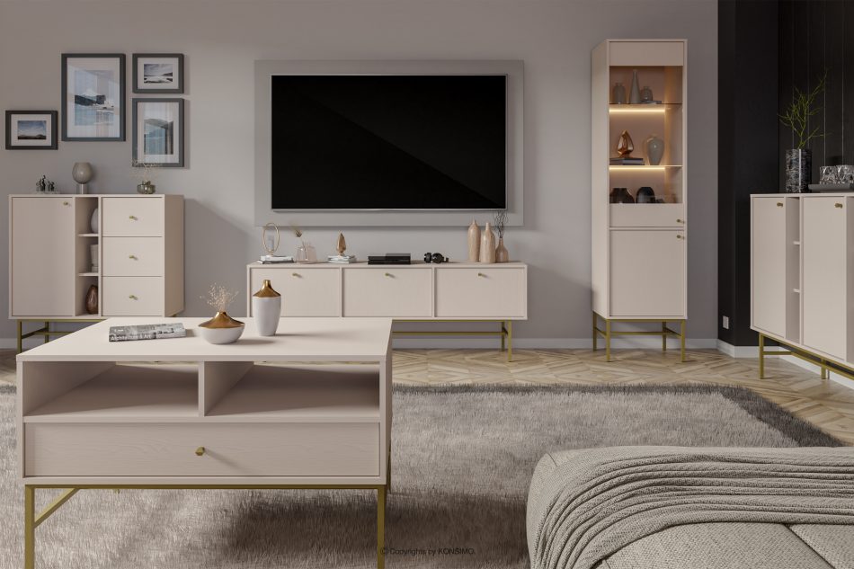 FLOREN Moderná skrinka pod televízor na vysokých nožičkách krémová/zlatá krémová/zlatá - obrázok 4