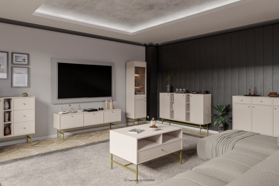 FLOREN Široká skrinka na televízor na vysokých nožičkách krémová/zlatá krémová/zlatá - obrázok 4