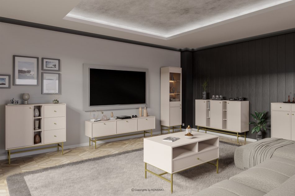 FLOREN Úzka komoda na vysokých nožičkách krémová/zlatá krémová/zlatá - obrázok 1