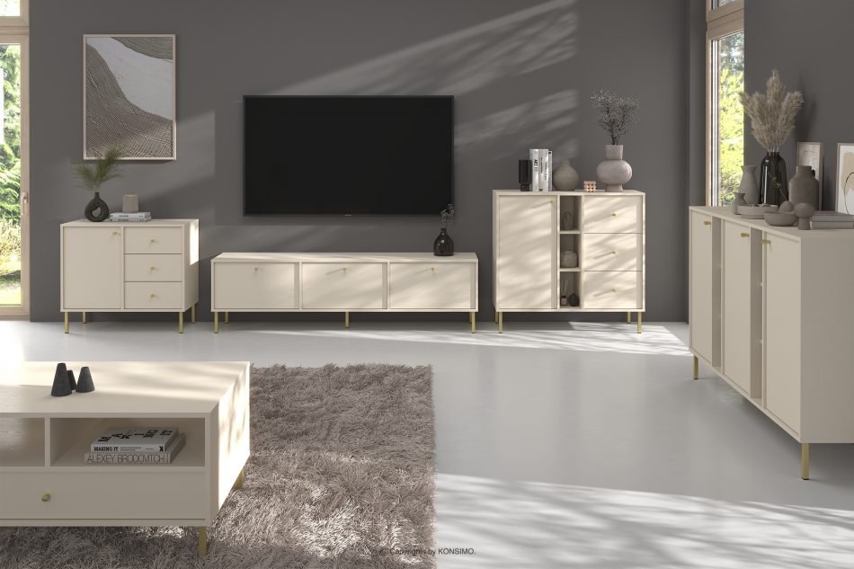 FLOREN Široká krémová komoda so zlatými nožičkami moderná krémová/zlatá - obrázok 6