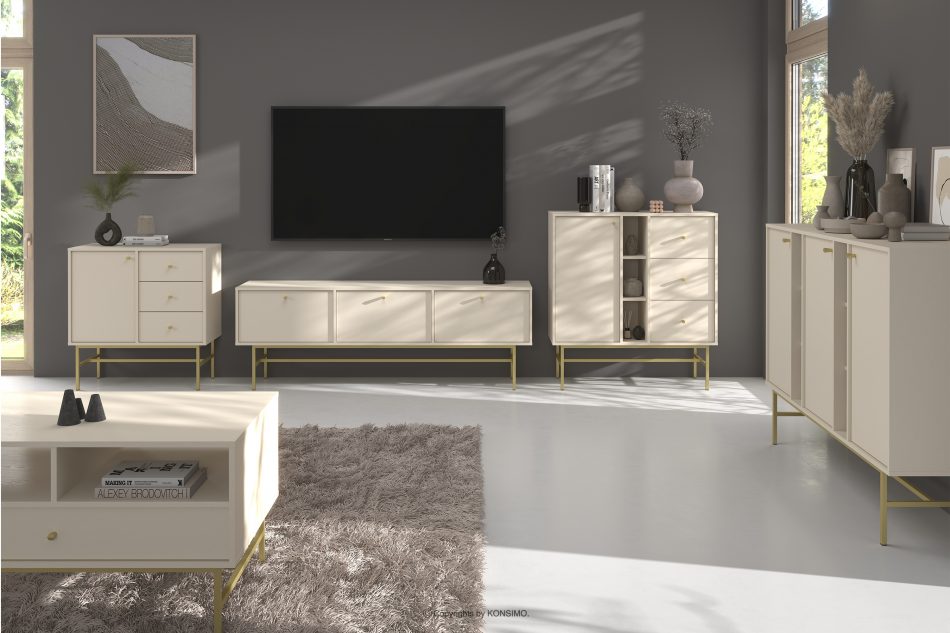 FLOREN Široká krémová komoda so zlatými nožičkami v modernom štýle krémová/zlatá - obrázok 6