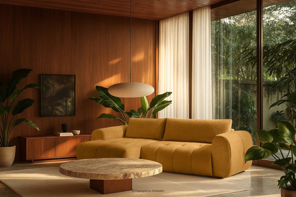 LIRA Rohová pohovka v japandi štýle s látkou boucle medová vľavo medová - obrázok 22