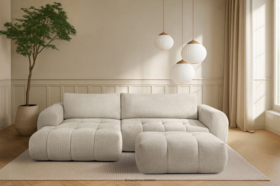 LIRA Pravá rohová pohovka a puf z látky boucle biela biela - obrázok 25