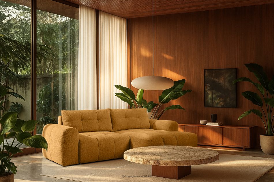 RAVIA Japandi boucle prošívaná rohová pohovka pravá medová medová - obrázok 18