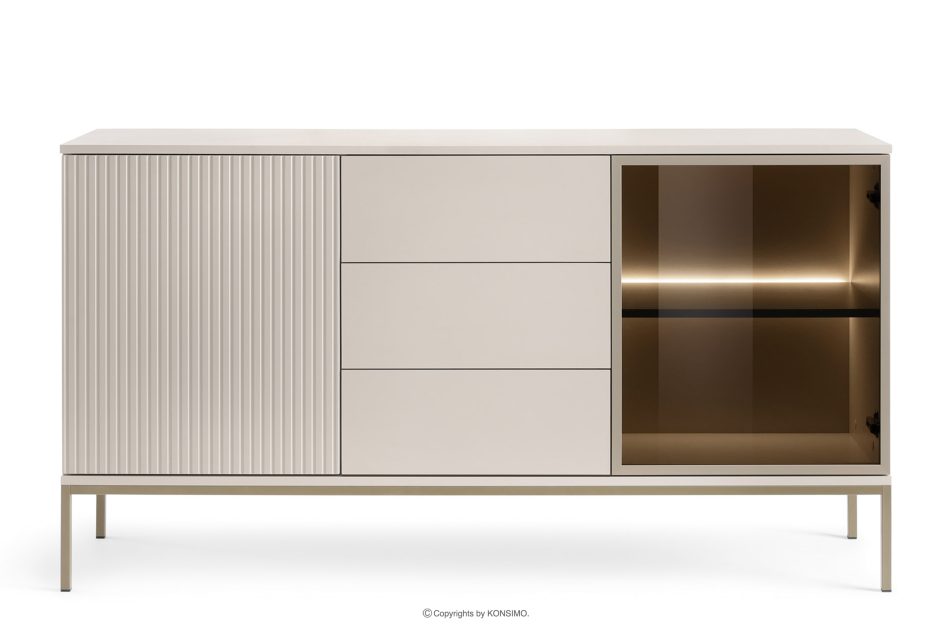 FONTE Krémová široká komoda so sklenenými dvierkami a lamelami krémový - obrázok 0