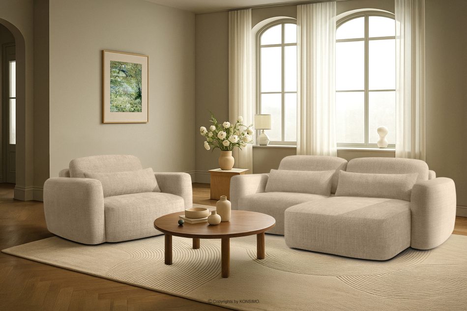 ELOSA Pravá rohová pohovka a kreslo v štýle Japandi krémová ženilka krémová - obrázok 29