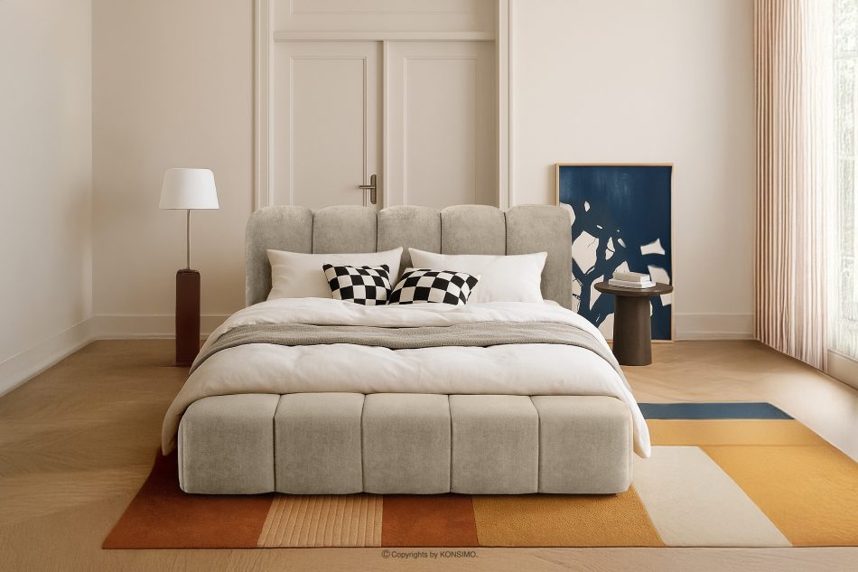 MERIDE Čalúnená posteľ 160 cm v štýle Japandi so sivobéžovým prešívaním šedo-béžová - obrázok 21