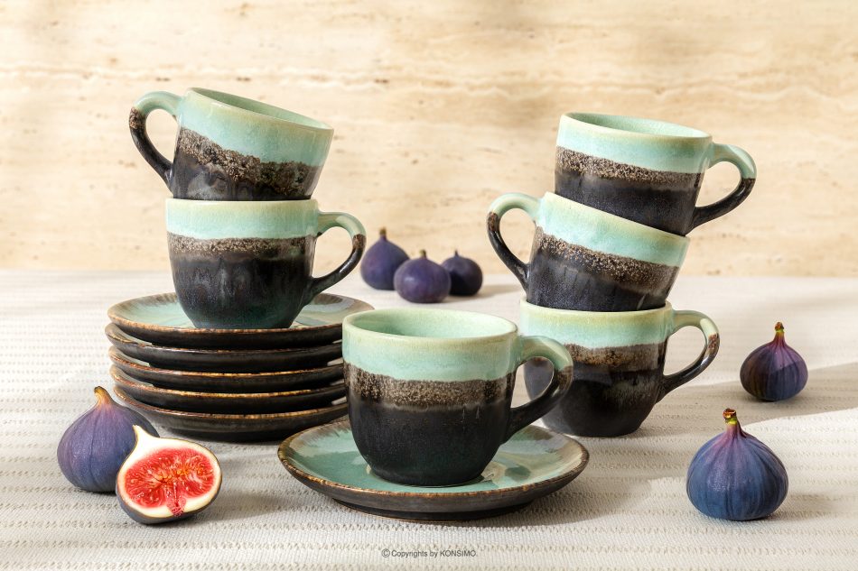 PRIMA Ručne glazovaná keramická šálka na kávu s podšálkom 6 ks šalviová farba šalviová farba - obrázok 1