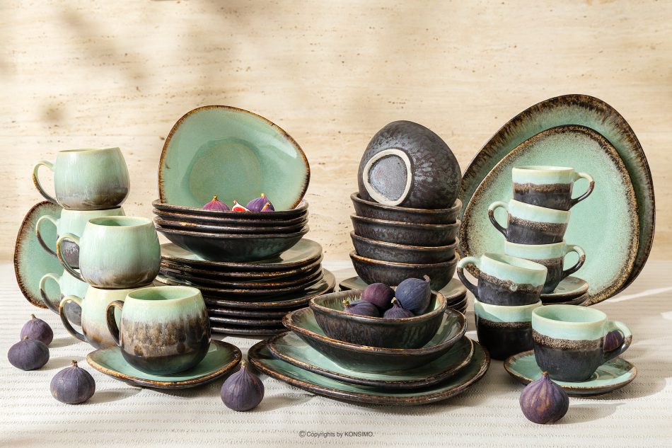 PRIMA Ručne glazovaná keramická večera raňajky a káva pre 6 osôb (48 ks) šalviová farba šalviová farba - obrázok 1