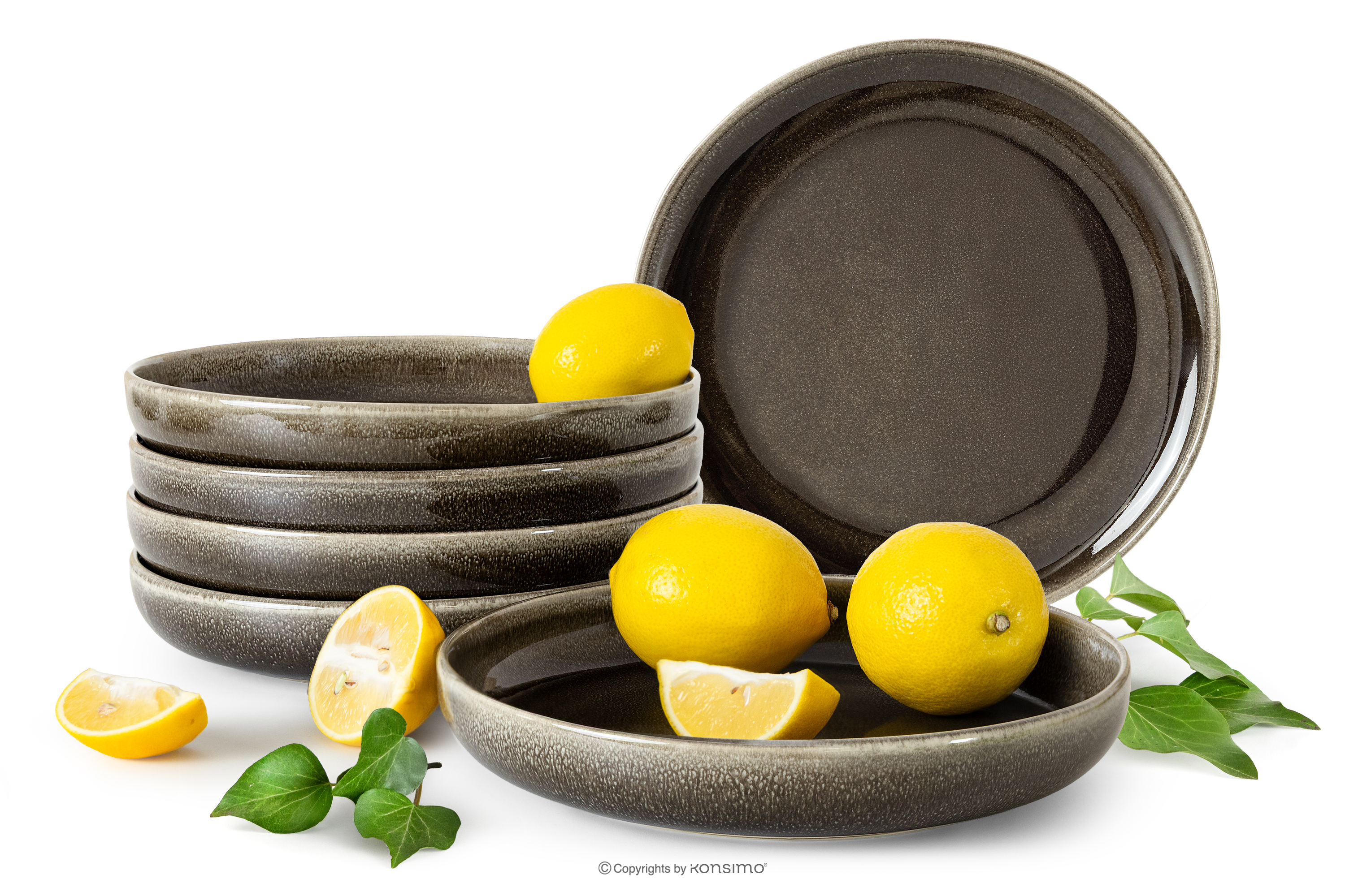 Keramický hlboký tanier v rustikálnom štýle hnedá/sivá/béžová 6 ks.