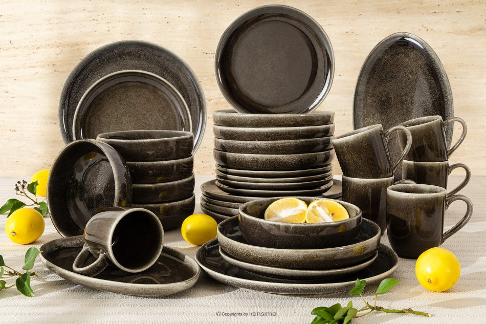 EDA Jedálenský servis pre 6 osôb (32 ks) z keramiky v rustikálnom štýle v hnedá/sivá/béžová farbe hnedá/sivá/béžová - obrázok 1