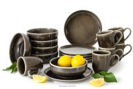 Raňajkový servis pre 6 osôb (18 ks) z keramiky v rustikálnom štýle v hnedá/sivá/béžová farbe