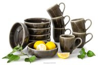 Raňajková súprava pre 6 osôb (12 ks) z keramiky v rustikálnom štýle v hnedá/sivá/béžová farbe