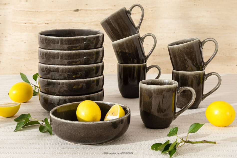 EDA Raňajková súprava pre 6 osôb (12 ks) z keramiky v rustikálnom štýle v hnedá/sivá/béžová farbe hnedá/sivá/béžová - obrázok 1