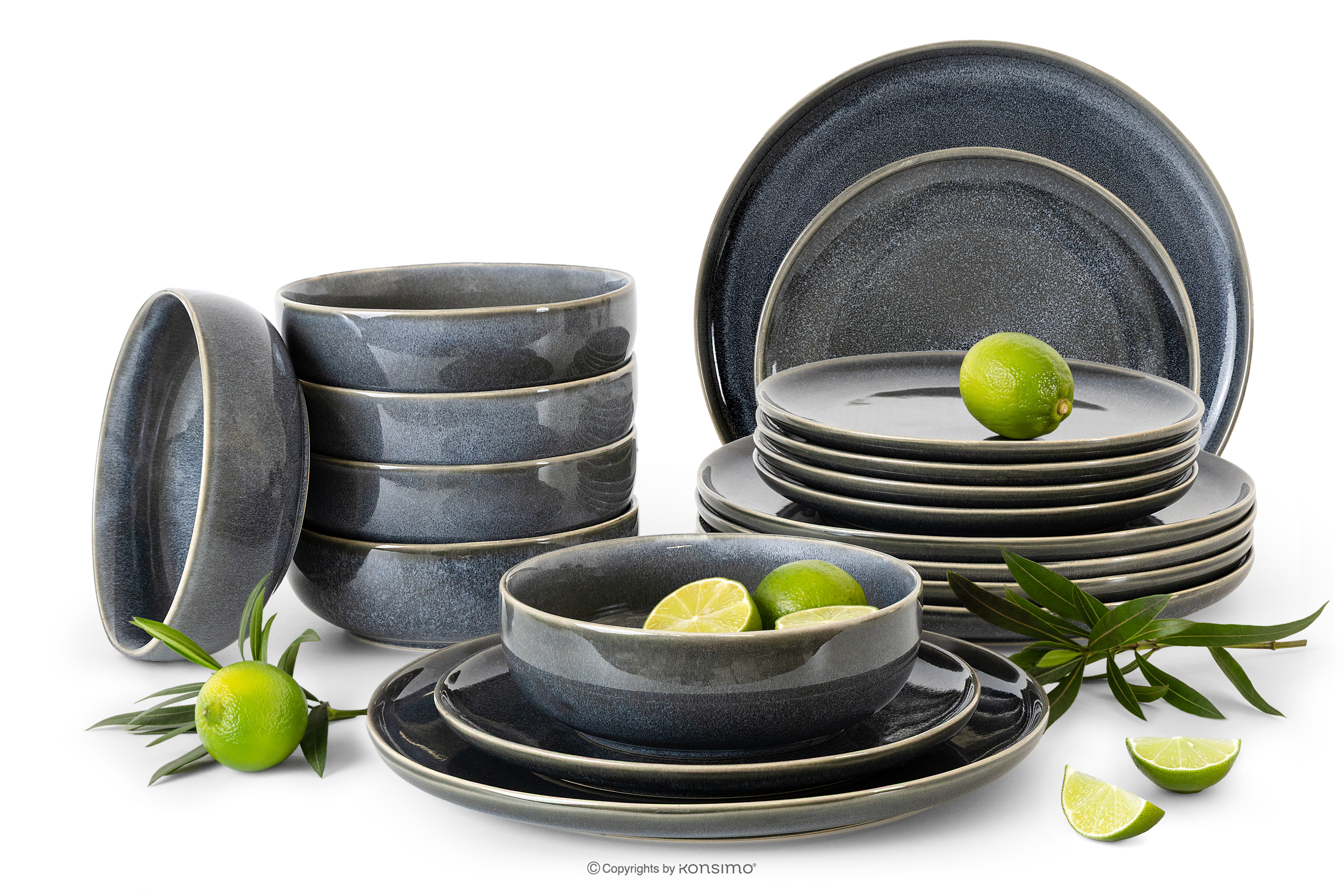 Sada riadu pre 6 osôb (18 ks) z keramiky v rustikálnom štýle modrá/sivá/béžová