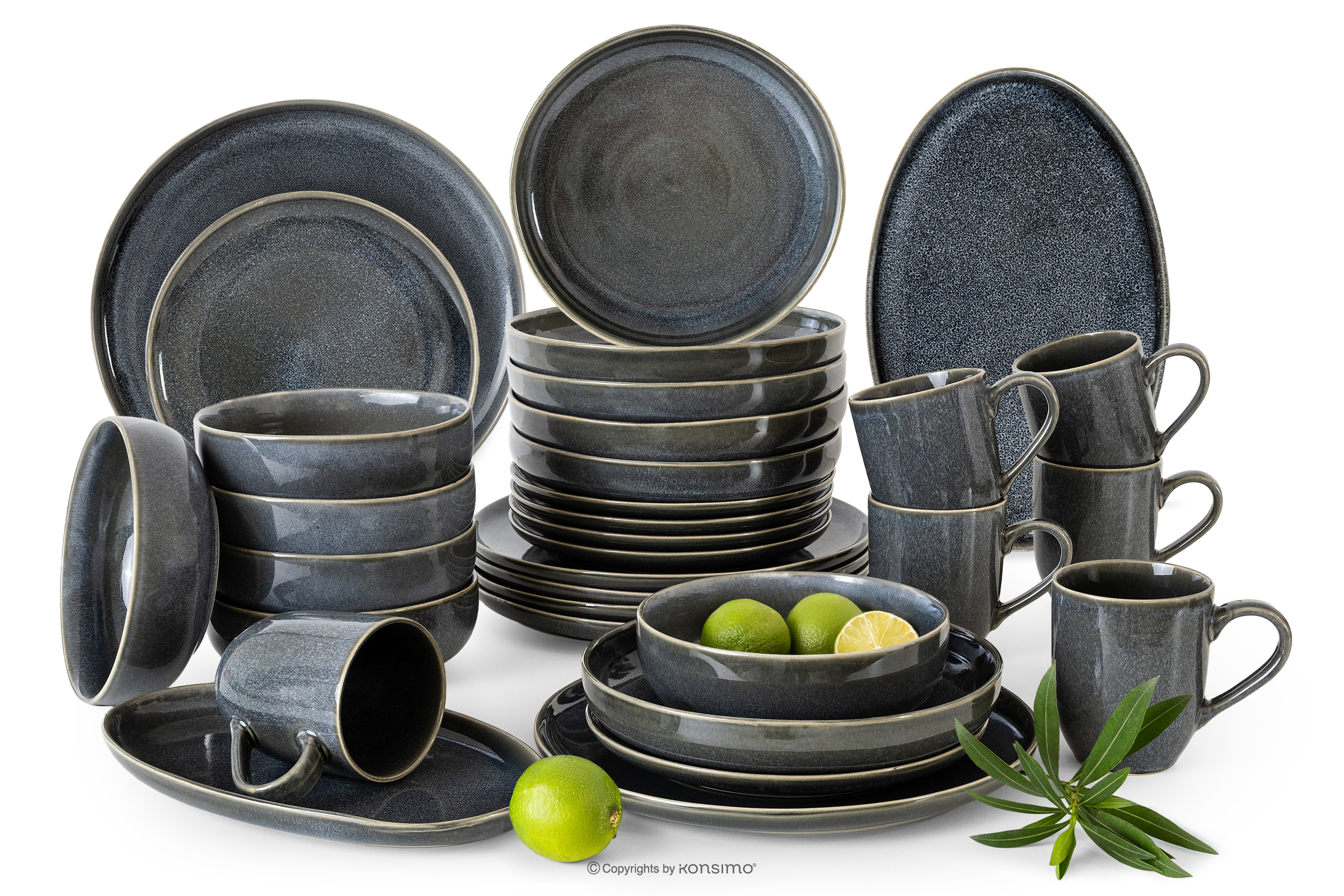 Jedálenský servis pre 6 osôb (32 ks) z keramiky v rustikálnom štýle v modrá/sivá/béžová farbe