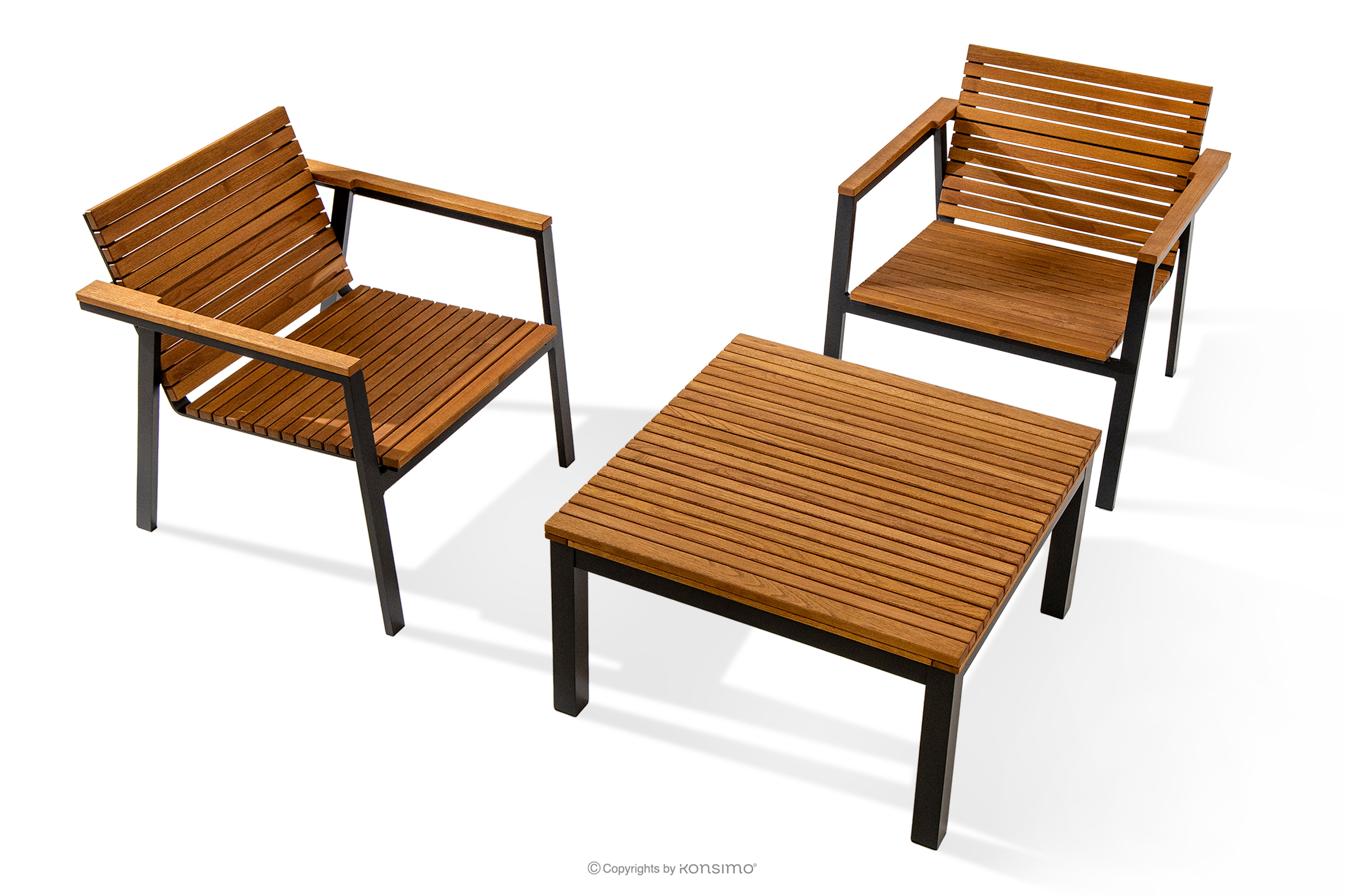 Súprava záhradného nábytku z dreva a kovu, 2 stoličky, stôl