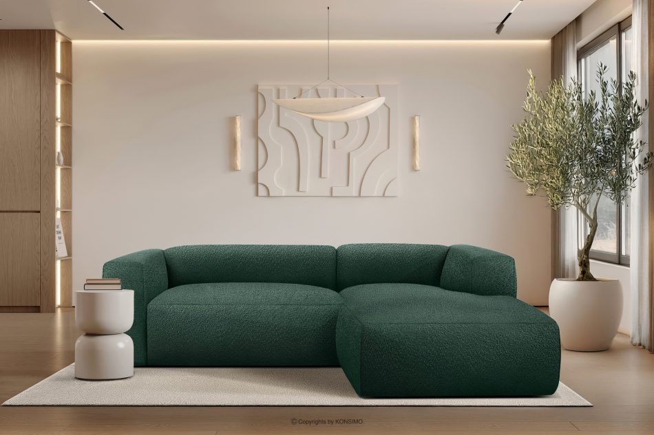 BUFFO Mäkká rohová pohovka z bouclé tkaniny pravá tmavozelená tmavě zelená - obrázok 9