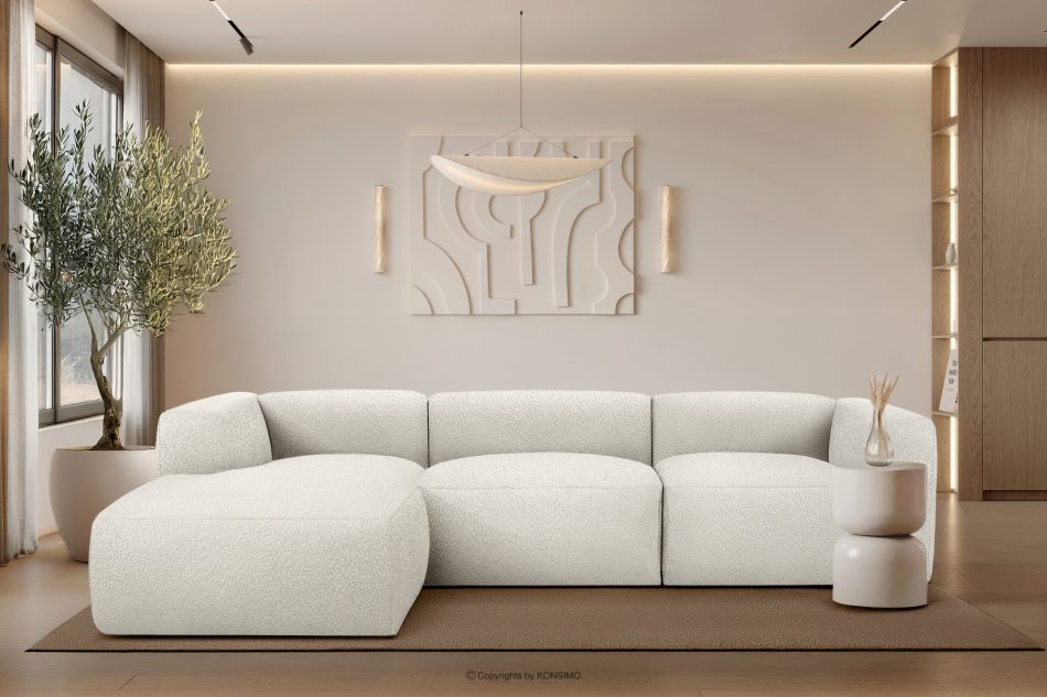 BUFFO Veľká mäkká rohová pohovka z bouclé tkaniny ľavá strana biela bílá - obrázok 9