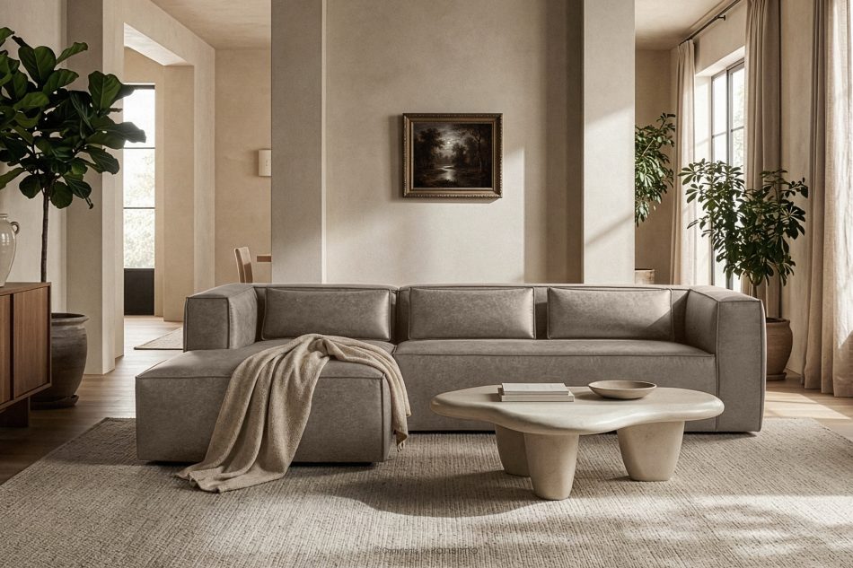 FEROX Rohová pohovka v štýle loft kožená látka svetlo sivá ľavá svetlo šedá - obrázok 11