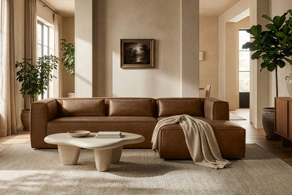 FEROX Rohová pohovka v štýle loft látka podobná koži hnedá pravá hnedá - obrázok 11