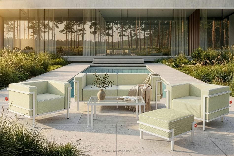 TRIGLO Záhradný taburet na kovových nohách, biely/svetlo zelený/biely biela/svetlo zelená/biela - obrázok 6